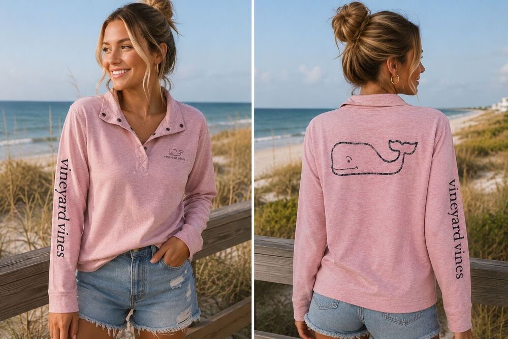 Vineyard Vines Vintage Heather Pink Whale Long-Sleeve Tee Size Large